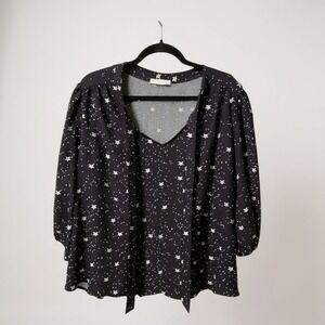 Black Star Print Long Sleeve Blouse With Tie‎ Neckline Retrology 2X